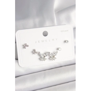 925 Ayar Gümüş Çivi Pirinç Zirkon Taşlı Kelebek Model Kadın Küpe Seti