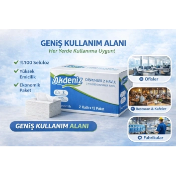 Akdeniz Dispenser Z Havlu 2 Katlı 12 Paket | %100 Selüloz | Ekonomik Z Katlı Kağıt Havlu
