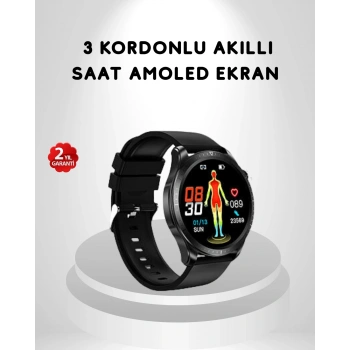AMOLED Ekranlı Akıllı Saat – 3 Kordon Seçenekli, Suya Dayanıklı, Kalp Atış ve Uyku Takip Özellikli