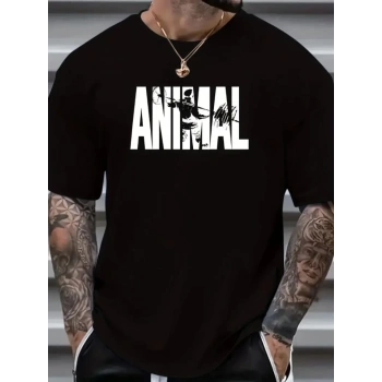 ANIMAL Desen Baskı Erkek Oversive Tişört, Grafik Tişört Erkek Yazlık Outdoor Kıyafetleri, Sporda Ve Günlük Giyime Uygun  - Siyah