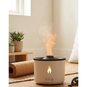 Aromaterapi Difüzörü Alev Efektli LED Işıklı Sessiz Hava Nemlendirici Otomatik Kapanma