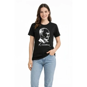 Atatürk Baskılı Tişört Kısa Kollu Bisiklet Yaka T-Shirt - Siyah