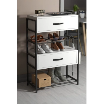 Ayakkabılık Ahşap 2 Kapaklı Metal Raflı 4 Katlı Çok Amaçlı Beyaz