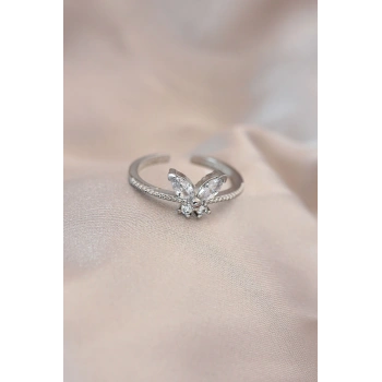Ayarlamalı Gümüş Renk Metal Zirkon Taş ve Kristal Taşlı Kelebek Model Yüzük