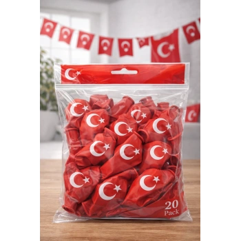 Ayyıldızlı Kırmızı Balon Seti Türk Bayraklı Parti Balonu Dayanıklı Latex Balon 20 Adet