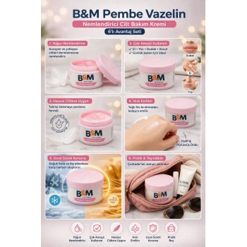 B&M Pembe Vazelin Nemlendirici Cilt Bakım Kremi Çok Amaçlı Vazelin 6 Adet