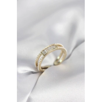 Baget Zirkon Taşlı Gold Renk İncili Kadın Yüzük