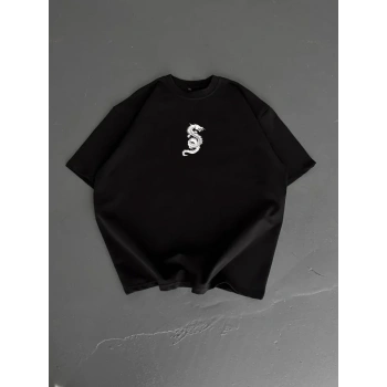 Baskılı Oversize Bisiklet Yaka T-shirt - Siyah