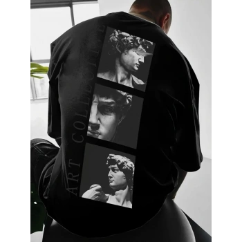 Baskılı Oversize Bisiklet Yaka T-shirt - Siyah