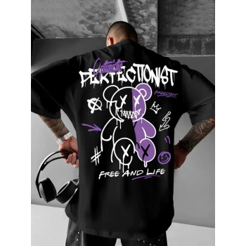 Baskılı Oversize Bisiklet Yaka T-shirt - Siyah