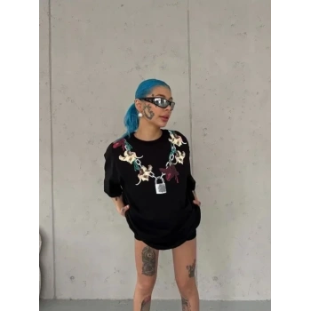 Baskılı T-Shirt Kısa Kol Bisiklet Yaka Regular Rahat Kalıp Günlük Tişört - Siyah