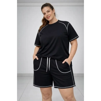 Battal Beden Kısa Kollu Tişört Şort Takım Kontrast Dikiş Detaylı Günlük Ev Giyimi - Siyah
