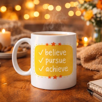 Believe Pursue Achieve Yazılı Porselen Kupa MODEL 124 – Motive Edici Tasarım, İlham Veren Kahve & Çay Kupası, Özel Hediye