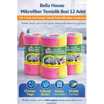 Bella House Mikrofiber Temizlik Bezi 12 Adet (4lü 3 Rulo) Çok Amaçlı Yüksek Emici Mikrofiber Temizlik Bezi Seti