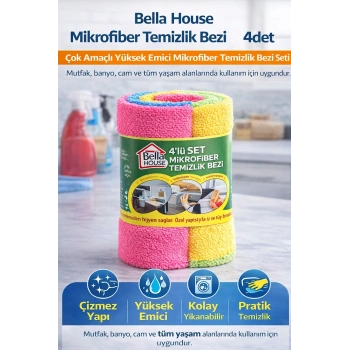 Bella House Mikrofiber Temizlik Bezi 4 Adet (4’LÜ 1 RULO)Çok Amaçlı Yüksek Emici Mikrofiber Temizlik Bezi Seti