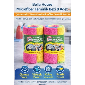 Bella House Mikrofiber Temizlik Bezi 8 Adet (4lü 2 Rulo) Çok Amaçlı Yüksek Emici Mikrofiber Temizlik Bezi Seti