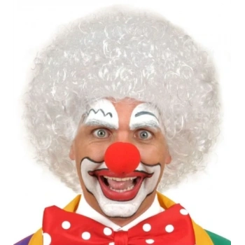 Beyaz Renk Kıvırcık Afro Bonus Peruk Saç ve Kırmızı Sünger Burun Seti