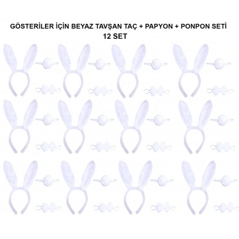 Beyaz Tavşan Kostüm Seti – Taç, Papyon, Kuyruk (12’li Paket)