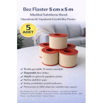 Bez Flaster 5 cm x 5 m Medikal Sabitleme Bandı Hipoalerjenik Yapışkanlı Cerrahi Bez Flaster 5 ADET