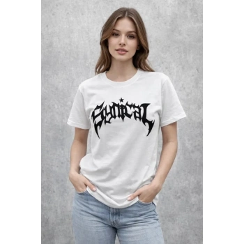 Bisiklet Yaka Ön Baskılı Kısa Kollu Tişört Streetwear Günlük Basic Pamuklu T-shirt - Beyaz