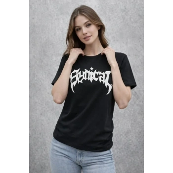 Bisiklet Yaka Ön Baskılı  Kısa Kollu Tişört Streetwear Günlük Basic Pamuklu T-shirt - Siyah