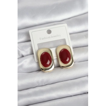 Bordo Renk Kare Model Vintage Kadın Küpe