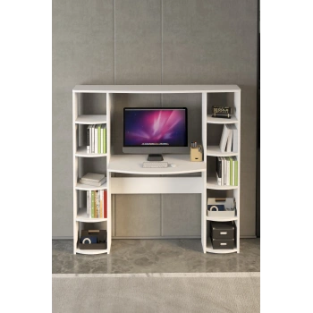 Çalışma Masası 10 Raflı Kitaplık Raf Beyaz