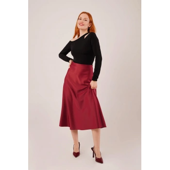 Çan Kesim Midi Bordo Saten Etek