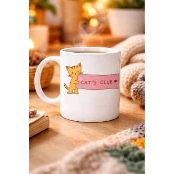 Cat’s Club Kedi Desenli Porselen Kupa MODEL 68 – Sevimli Turuncu Kedi Figürlü, Kahve & Çay Kupası, Kedi Severlere Özel Hediye