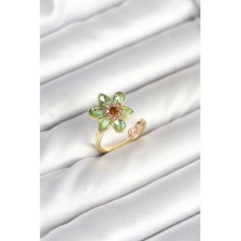 Çiçek Model Yeşil Pirinç Gold Renk Yüzük