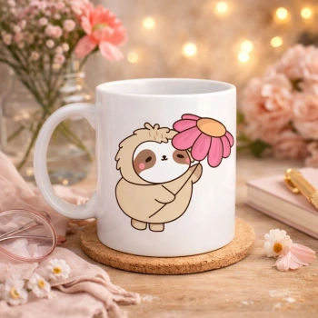 Çiçek Tutan Tembel Hayvan Tasarımlı Porselen Kupa MODEL 107 – Sevimli Kahve Kupası , Hediye & Dekoratif Kupa