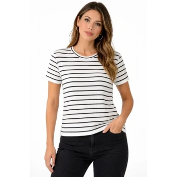 Çizgili Yazlık Triko T-Shirt Bisiklet Yaka Rahat Kalıp Tişört - Beyaz