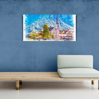 Dağ ve göl temalı Kasaba Yağlıboya Görünümlü Kanvas Tablo 60 x 120