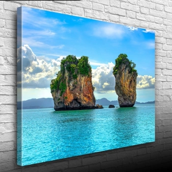 Deniz de İki Adacık, Mavi Tonlarda Fotoğraf Kanvas Tablo 50 x 70