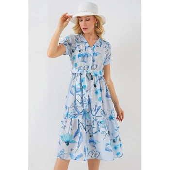 Desenli Kısa Kol Elbise 2558 - Mavi