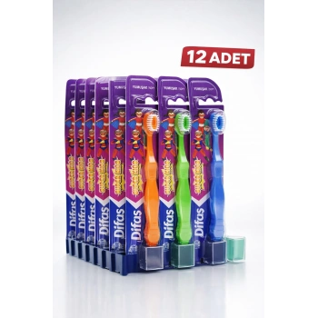 Difaş Kids Çocuk Diş Fırçası 12 Adet Standlı Yumuşak Kıllı Koruyucu Kapaklı Toplu Paket