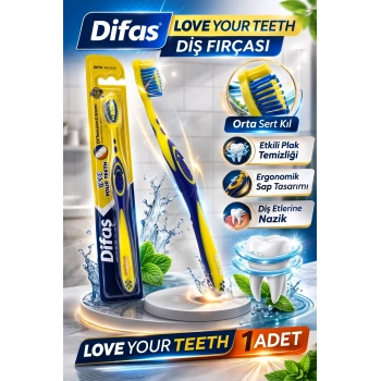 Difaş Love Your Teeth Diş Fırçası 1 Adet Orta Sert Ergonomik Tutma Saplı Manuel Diş Fırçası
