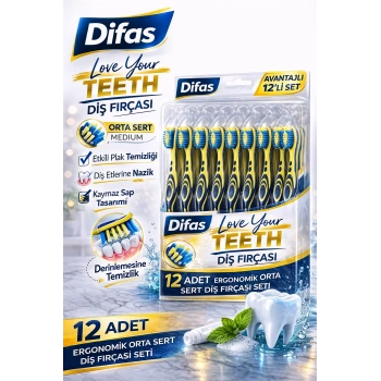 Difaş Love Your Teeth Diş Fırçası 12 Adet Standlı Orta Sert Medium Ergonomik Saplı Manuel Diş Fırçası Seti