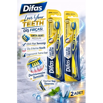 Difaş Love Your Teeth Diş Fırçası 2 Adet Orta Sert Medium Ergonomik Saplı Manuel Diş Fırçası