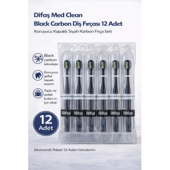 Difaş Med Clean Black Carbon Diş Fırçası 12 Adet Standlı Koruyucu Kapaklı Siyah Karbon Fırça Seti