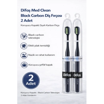 Difaş Med Clean Black Carbon Diş Fırçası 2 Adet Koruyucu Kapaklı Siyah Karbon Fırça Seti