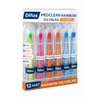 Difaş Medclean Rainbow Diş Fırçası 12 Adet Standlı Orta Sert Renkli Yetişkin Diş Fırçası Seti