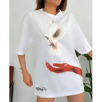 Dijital Baskılı T-Shirt - Beyaz