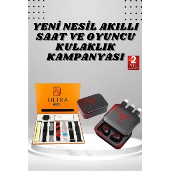Dijital Göstergeli Powerbank Kablosuz Kulaklık ve 7 Kordonlu Yeni Nesil Akıllı Saat Dokunmatik Kontrol