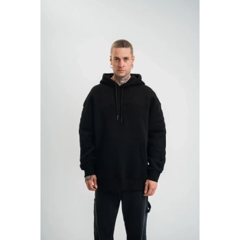 Double Oversize Kapşonlu Nakışlı SweatShirt - Siyah