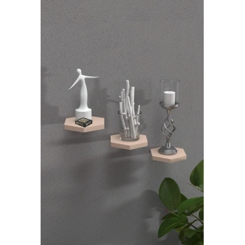 Duvar Rafı Dekoratif 3 Adet Çiçeklik Altıgen Krem