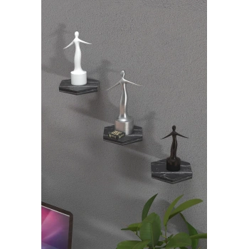 Duvar Rafı Dekoratif 3 Adet Çiçeklik Altıgen Siyah Mermer Desen