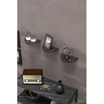 Duvar Rafı Dekoratif 3 Adet Çiçeklik Oval Siyah Mermer Desen