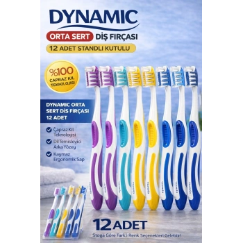 Dynamic Orta Sert Diş Fırçası 12 Adet Standlı Kutulu Medium Çapraz Kıl Teknolojili Dil Temizleyicili Ergonomik Saplı Diş Fırçası