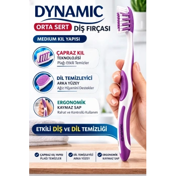 Dynamic Orta Sert Diş Fırçası Medium Çapraz Kıl Yapılı Dil Temizleyicili Ergonomik Diş Fırçası 1 Adet